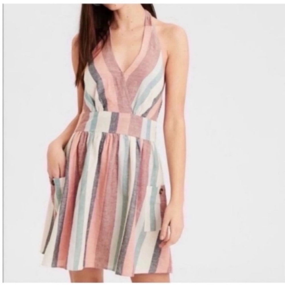 AMERICAN EAGLE Striped Linen Blend Halter Neck Dress